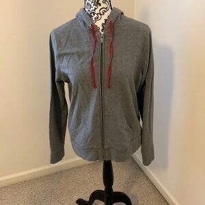 Talbots gray sweatshirt with red hood.